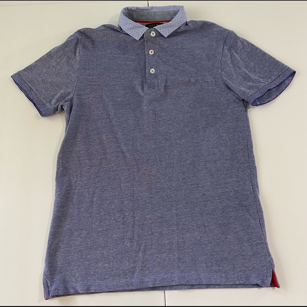 Zara Man Blue Red Dots Polo Short Sleeve Shirt Size Small